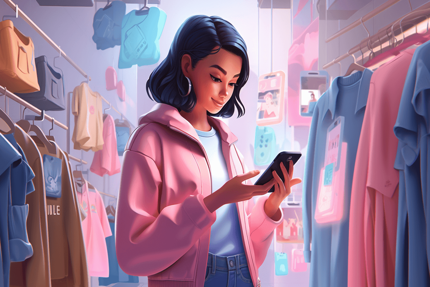 Illustration of a young woman in a store looking at her phone