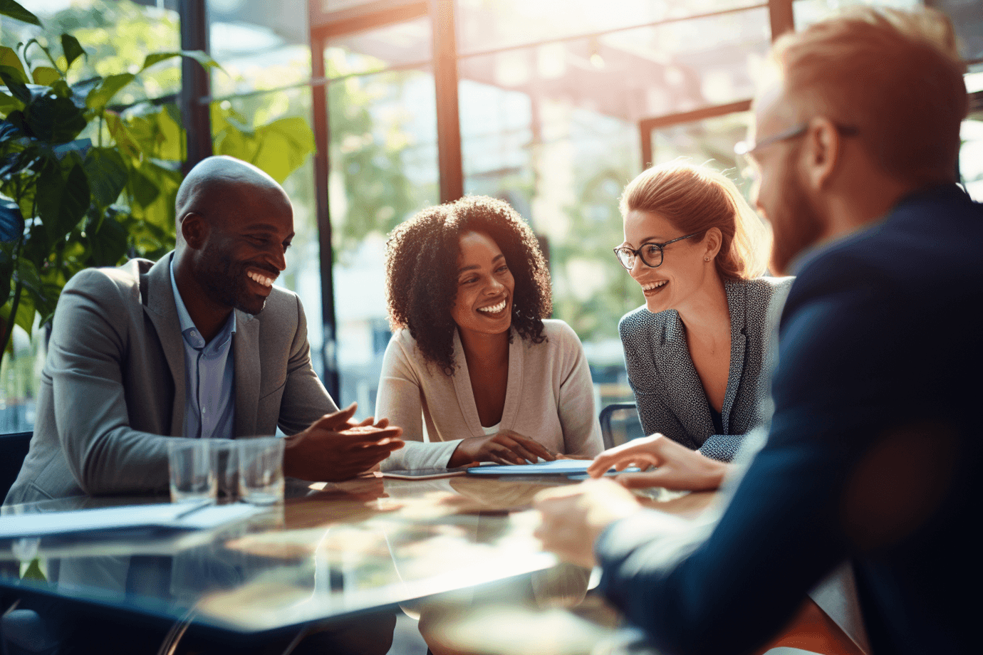 A group of four people smiling and having a meeting over a table